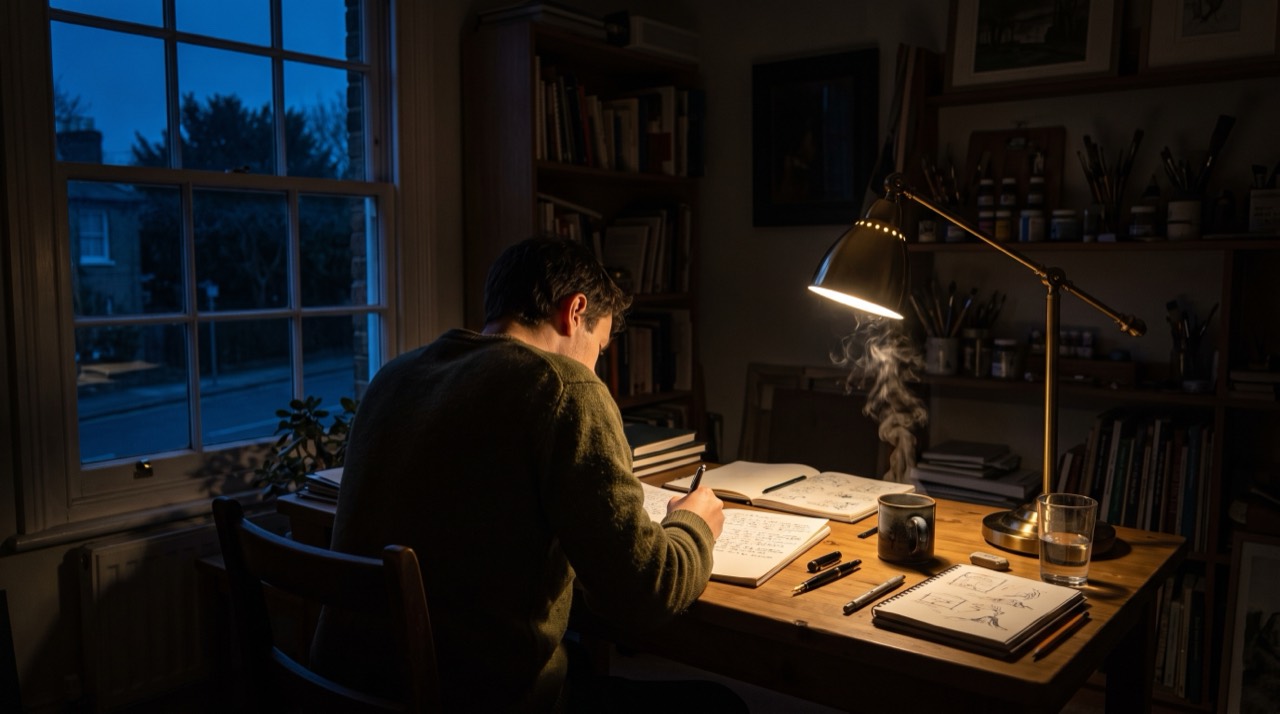 A writer at a desk in a dark studio before dawn, working in one warm pool of lamplight.