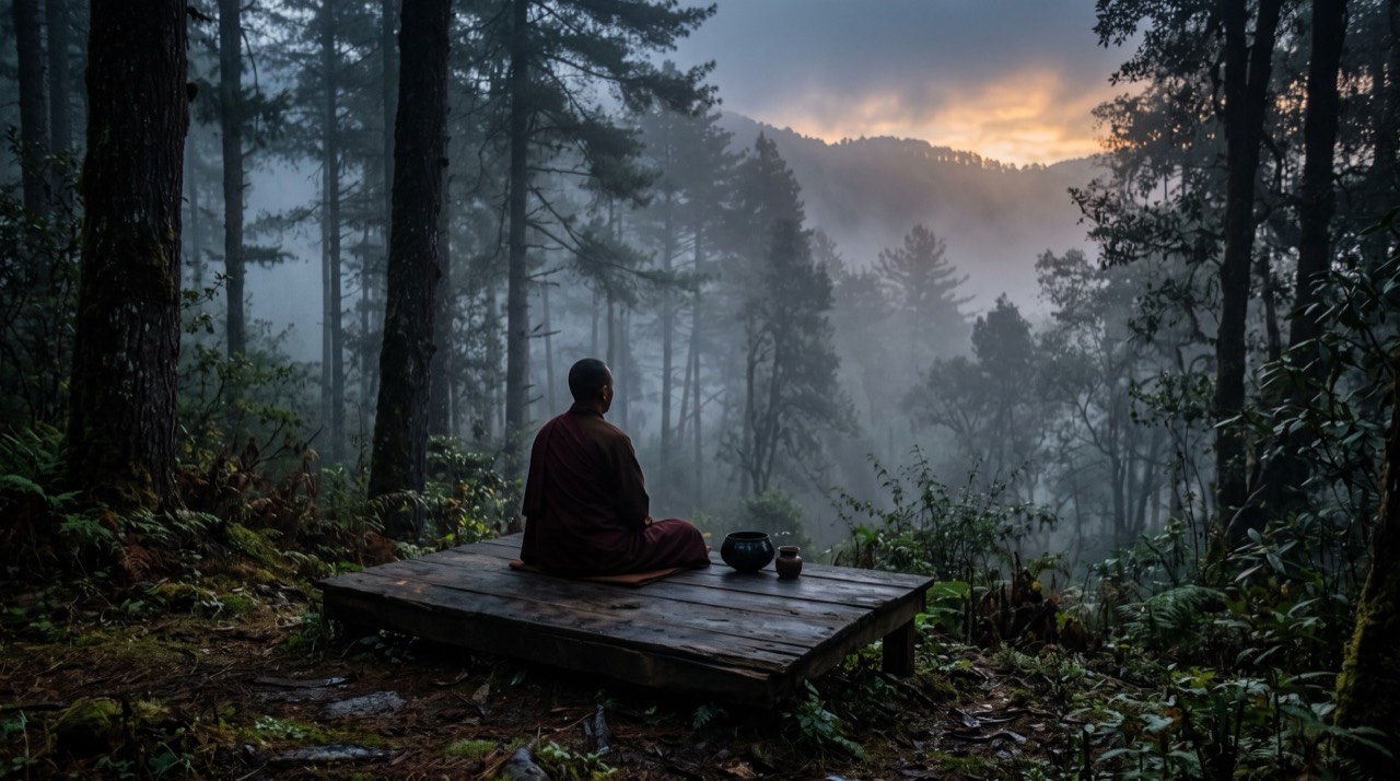 A robed figure seated in meditation on a wooden platform in a misty forest at first light.