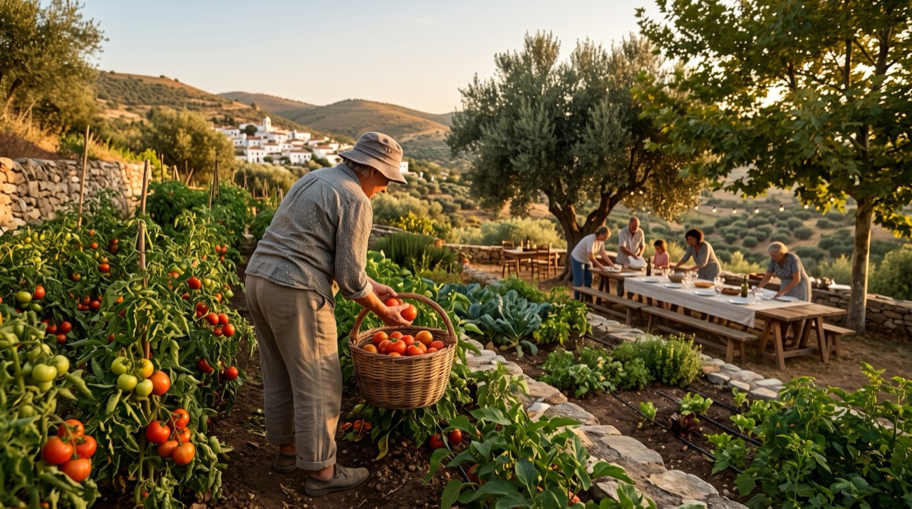 An older person harvesting tomatoes in a hillside garden while a long outdoor table is set for many.